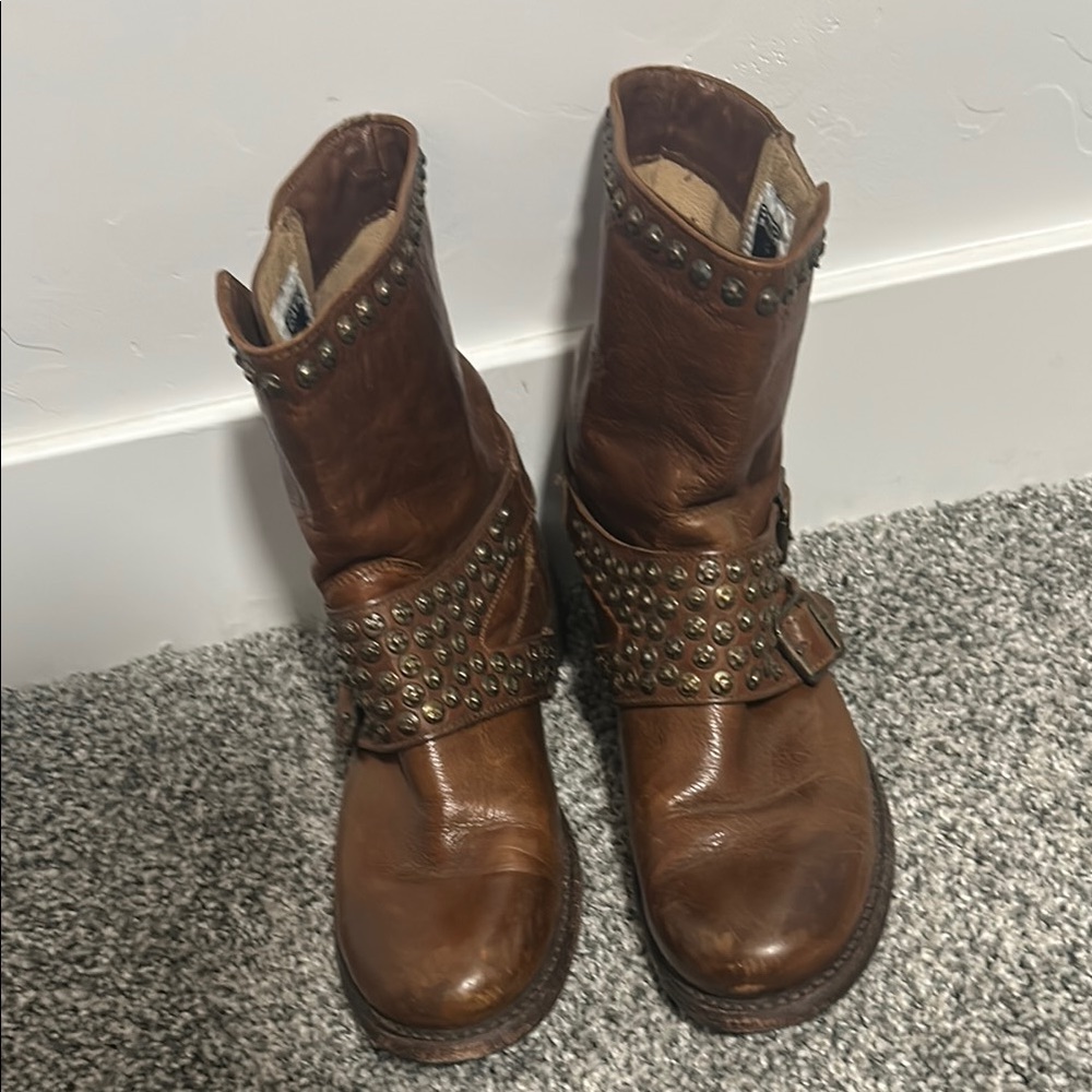 Frye Tan Leather Boots with Stud Accents